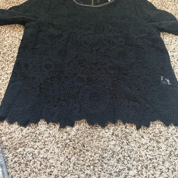 Joie Black Lace Whimsigoth Long Sleeve Top Faux Leather Collar Size Medium - Picture 7 of 8